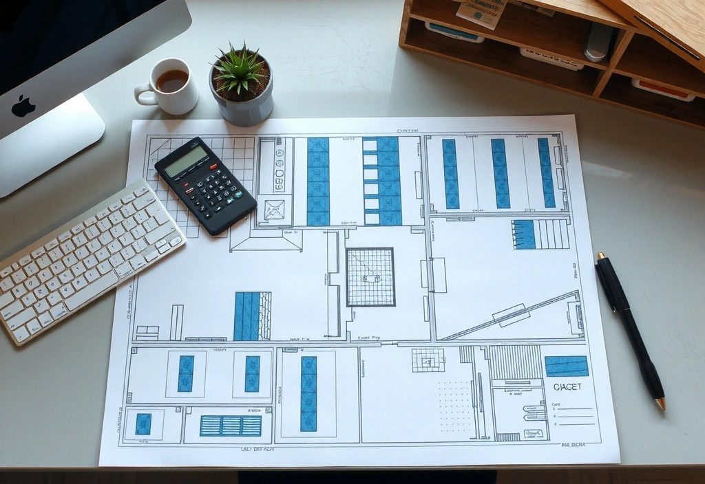 Blueprint and office desk correspondence